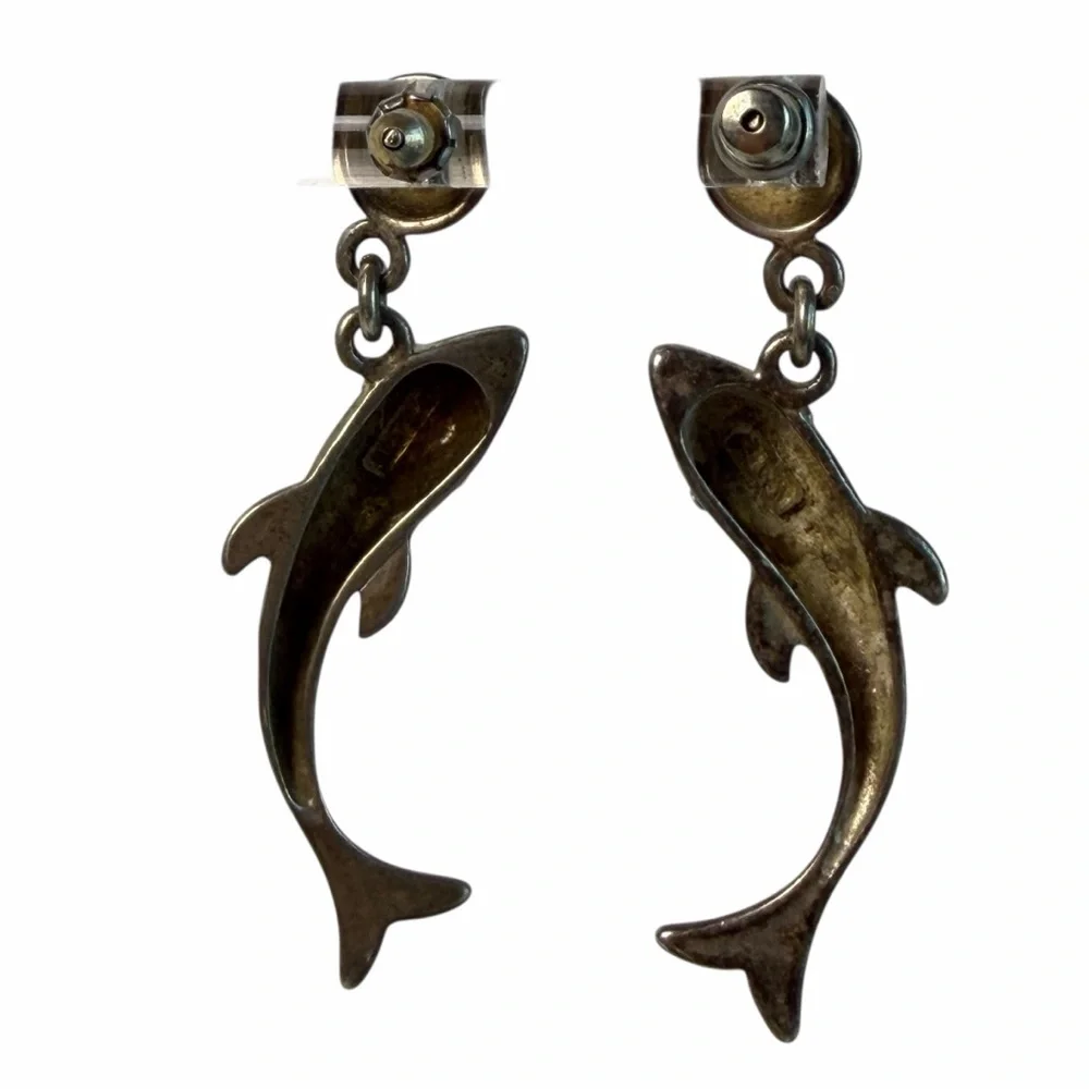 Vintage 925 Sterling Silver Dolphin Dangle Earrings Nautical Ocean beach - Picture 8 of 11